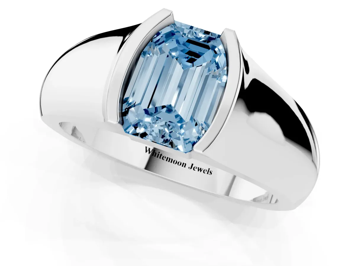 Fancy Blue Emerald Cut Solitaire Bezel Set Diamond Ring with Wide Band Platinum
