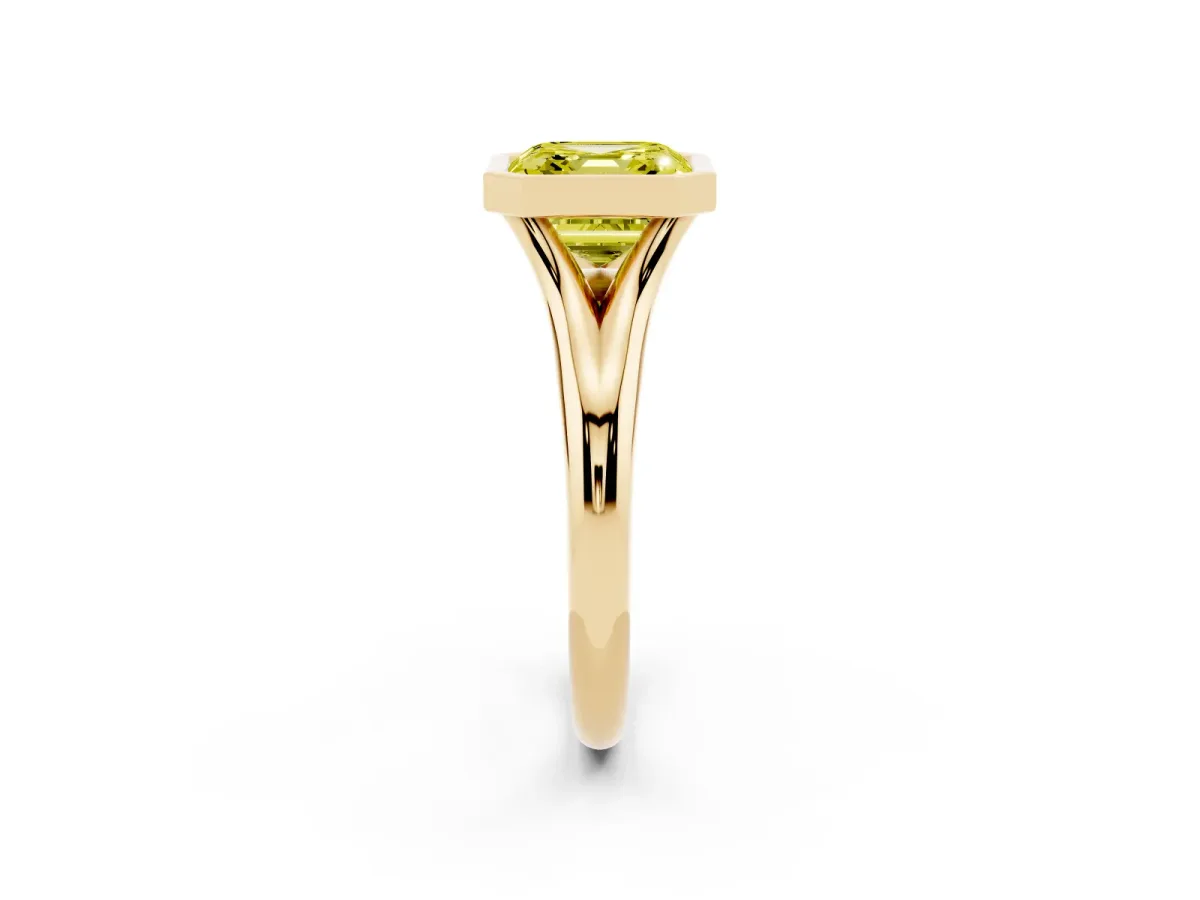 Fancy Yellow Bezel Set Asscher Cut Solitaire Diamond Ring with Smooth Band Yellow gold