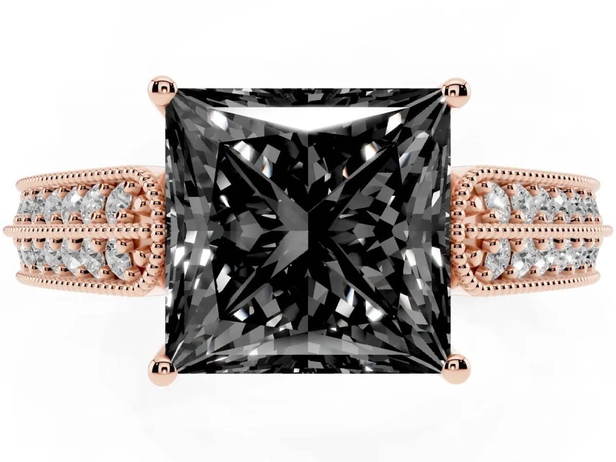 Fancy Black Princess Cut Cut Pave Split Shank Engagement Ring with Four-Prong Setting Rose gold