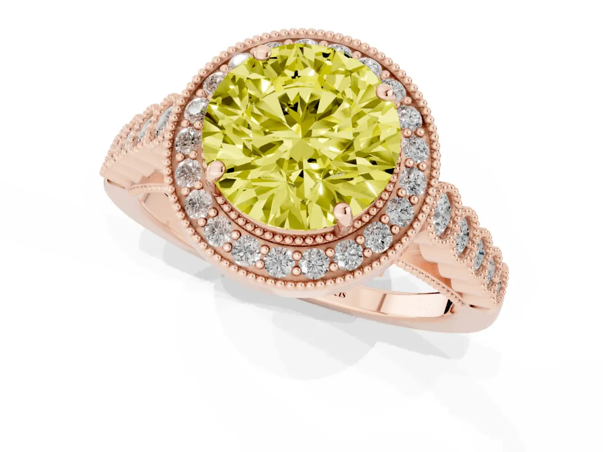 Fancy Yellow Round Cut Halo Milgrain Solitaire with Bezel Set Side Stones and Pave Band Rose gold
