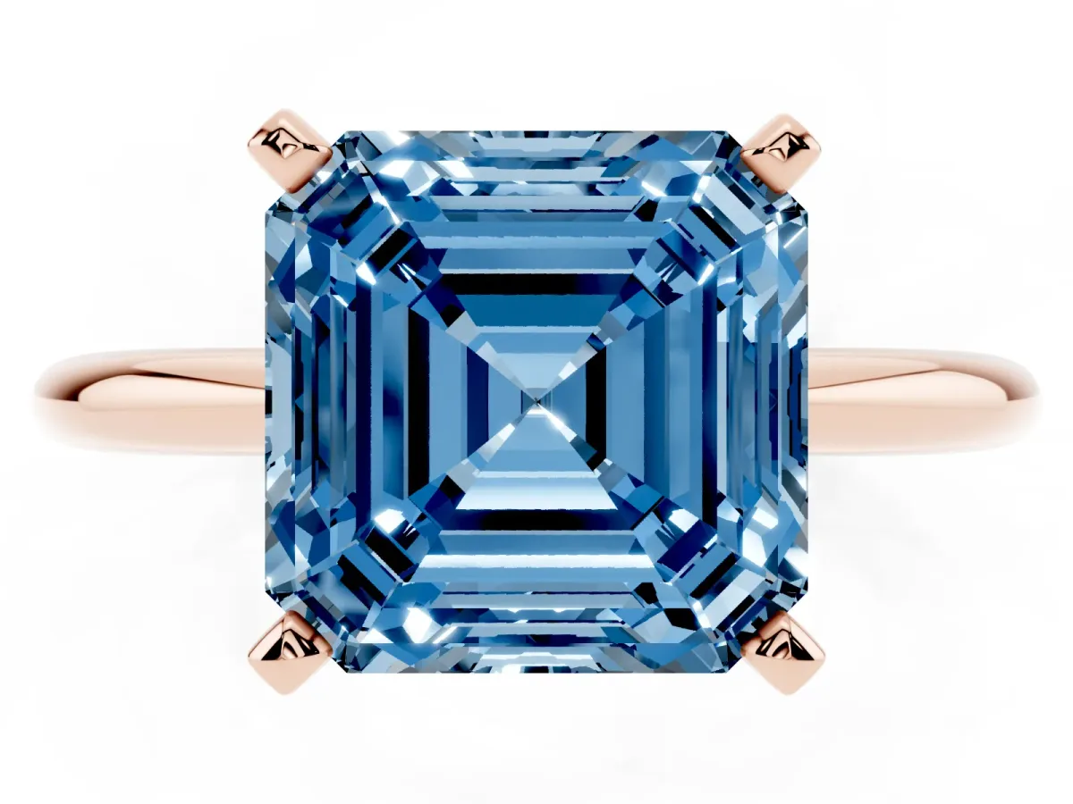 Fancy Blue Asscher Cut Diamond Solitaire Ring with Prong Setting and Classic Band Rose gold