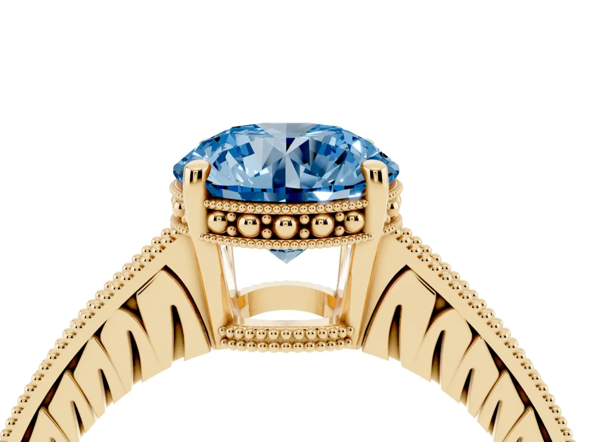 Fancy Blue Round Cut Solitaire Pavé Diamond Milgrain Engagement Ring with Four-Prong Setting Yellow gold