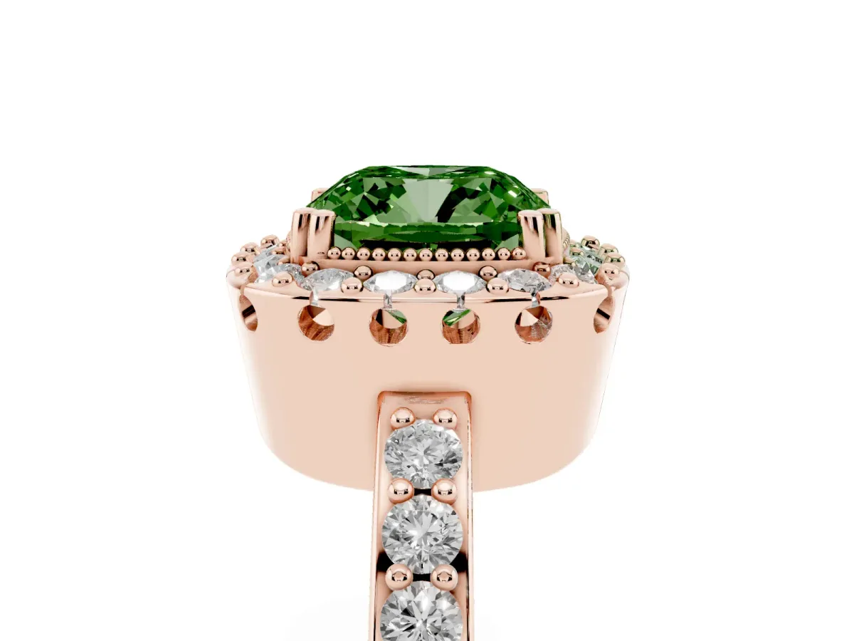 Fancy Green Cushion Cut Diamond Halo Ring with Pavé Band and Prong Setting Rose gold