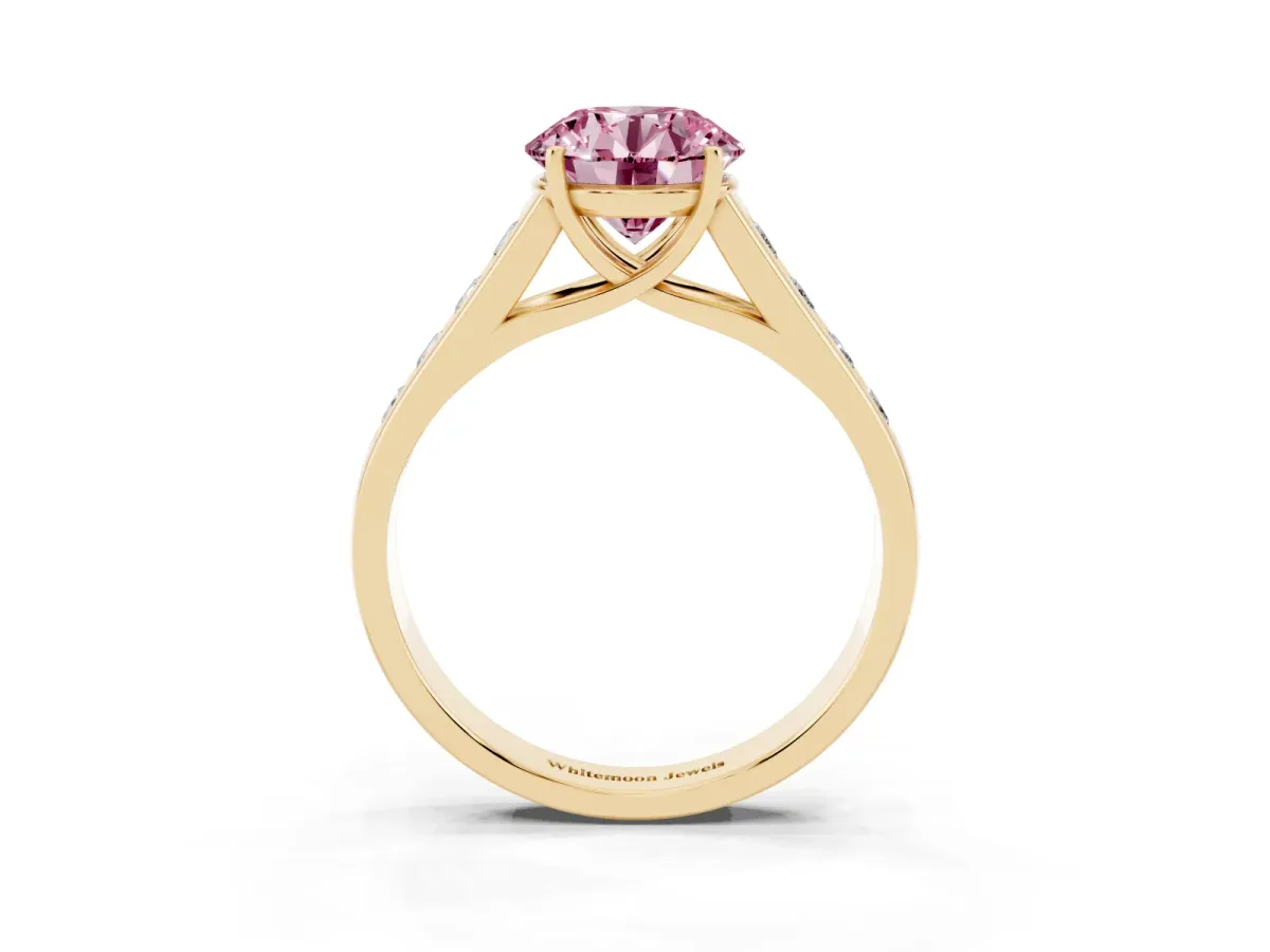Fancy Pink Round Cut Brilliant Channel-Set Solitaire Ring with Four-Prong Setting Yellow gold
