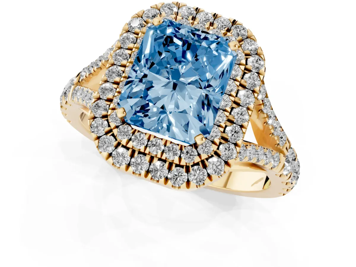Fancy Blue Radiant Cut Cut Double Halo Split Shank Diamond Ring with Prong Setting Yellow gold