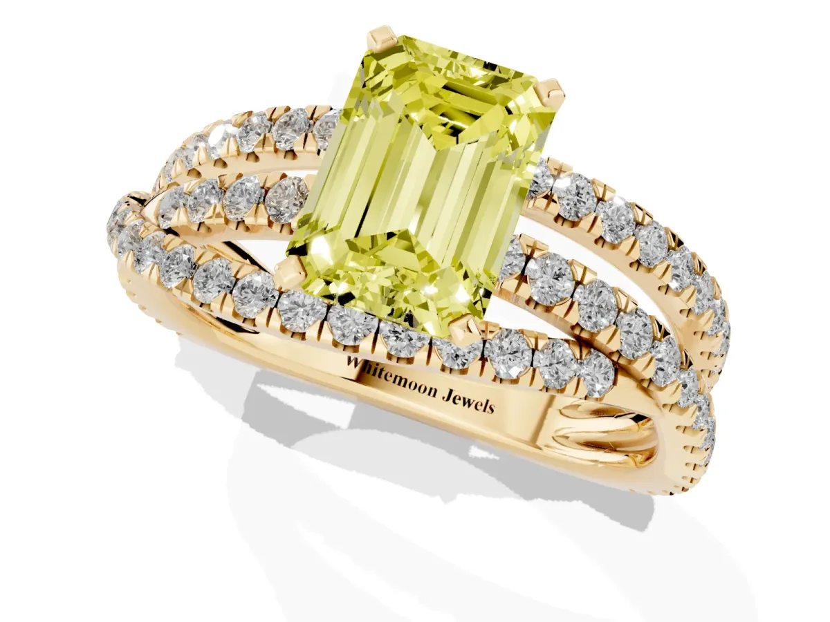 Fancy Yellow Emerald Cut Solitaire Twist Band with Pavé Setting and Four-Prong Setting Yellow gold