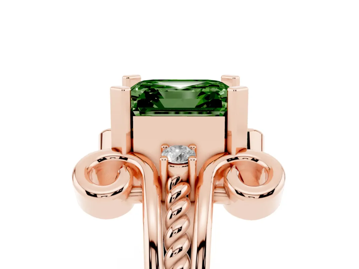 Fancy Green Asscher Cut Solitaire Twisted Band Scroll Prong Ring Rose gold