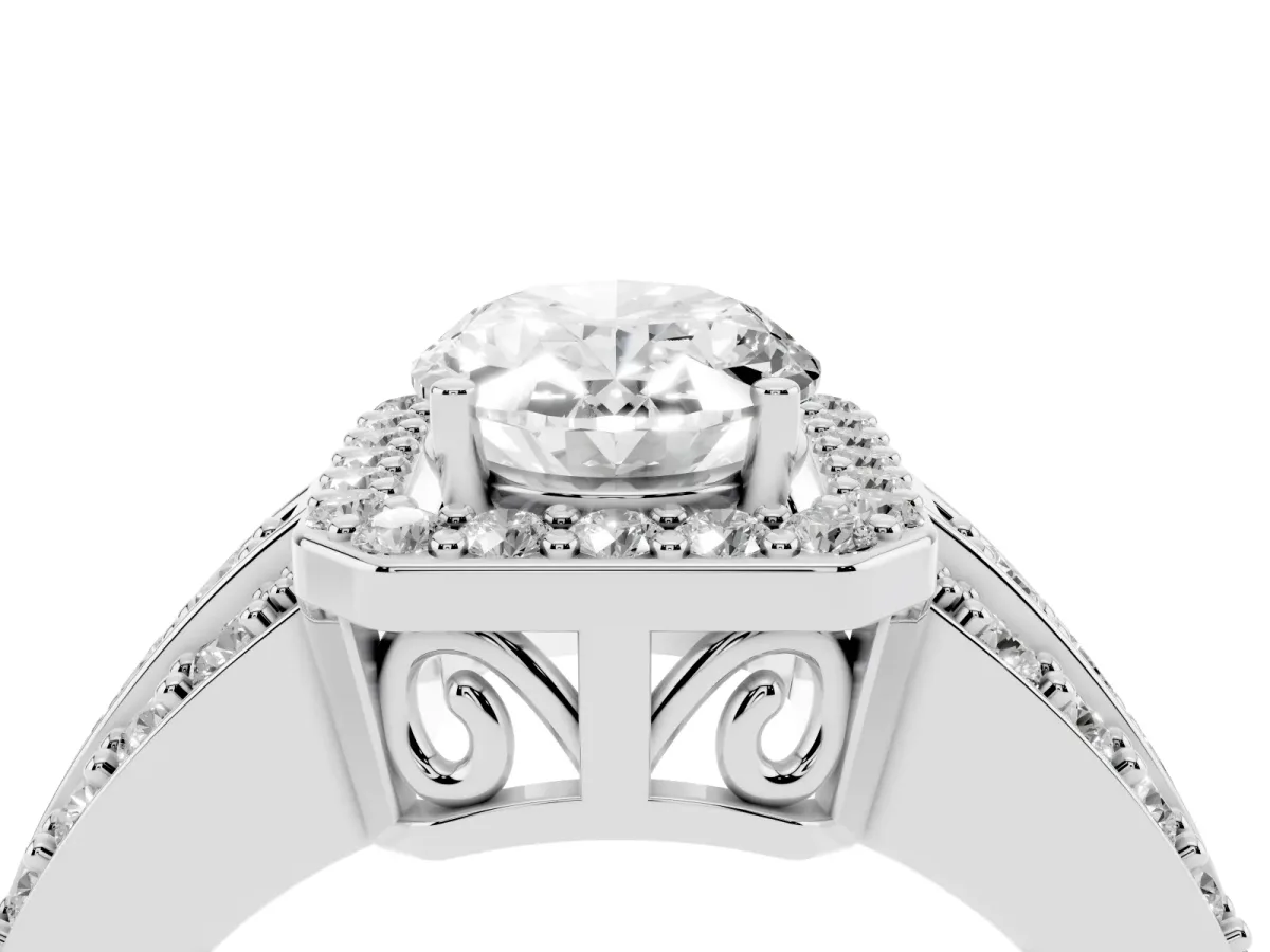 Oval Cut Halo Diamond Ring with Round Split Shank and Prong Setting Platinum