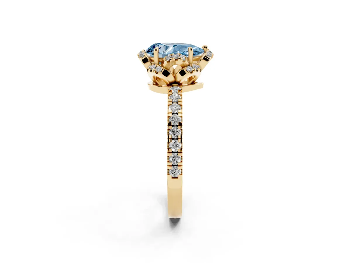 Fancy Blue Pear Cut Halo Diamond Pave Band Ring with Four-Prong Setting Yellow gold