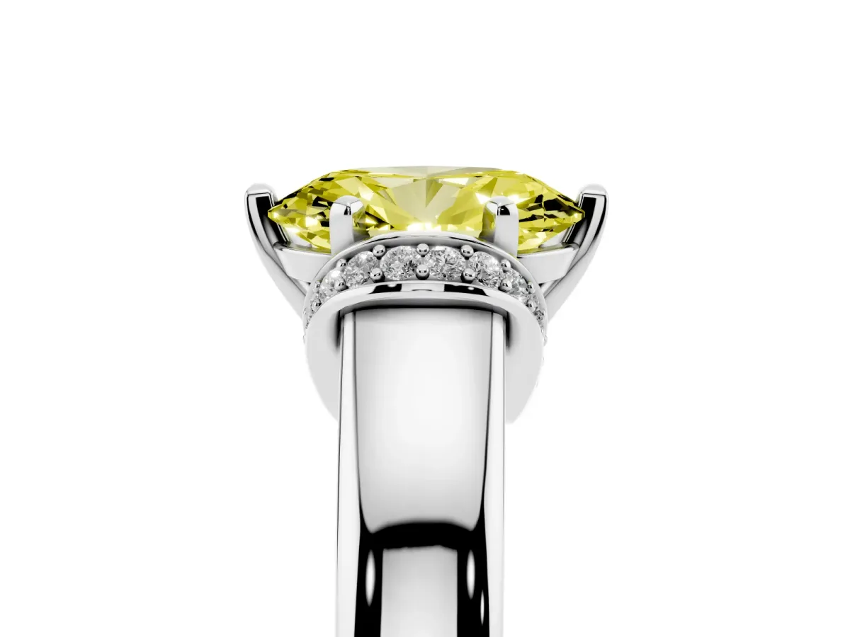 Fancy Yellow Oval Cut Solitaire Diamond Ring with Pave Band and Six-Prong Setting Silver