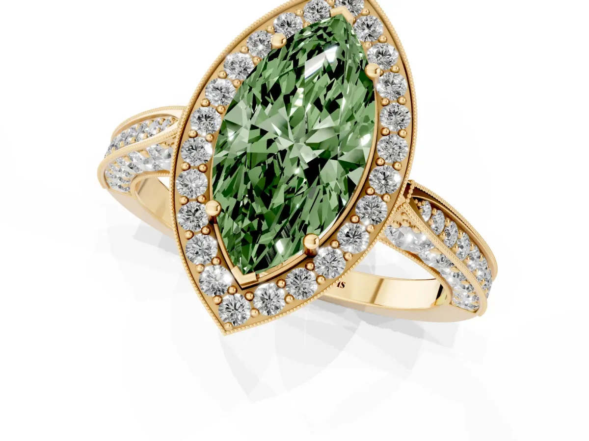 Fancy Green Marquise Cut Halo Diamond Engagement Ring with Split Shank Band and Four-Prong Setting Yellow gold