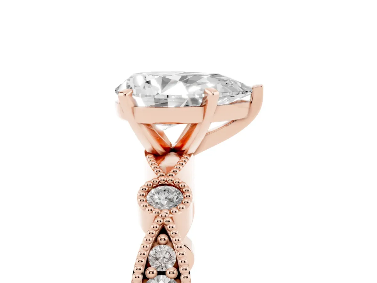 Pear Cut Milgrain Bezel Diamond Engagement Ring with Solitaire Prong Setting Rose gold