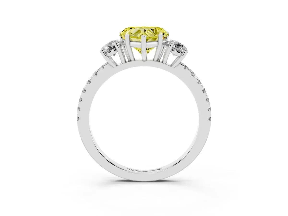 Fancy Yellow Three-Stone Heart Cut Cut Diamond Pavé Band with Prong Setting Silver