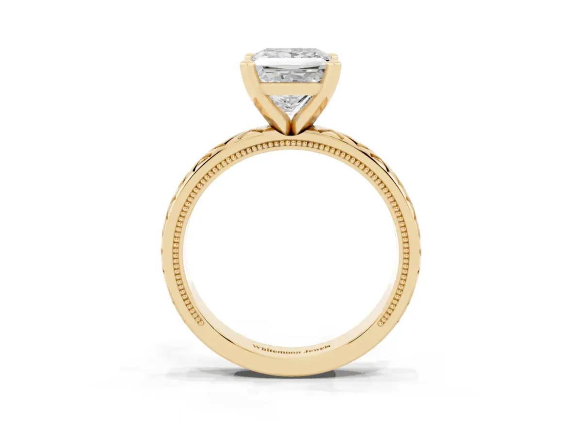 Princess Cut Solitaire Diamond Ring with Milgrain and Black Enamel X Pattern Band Yellow gold