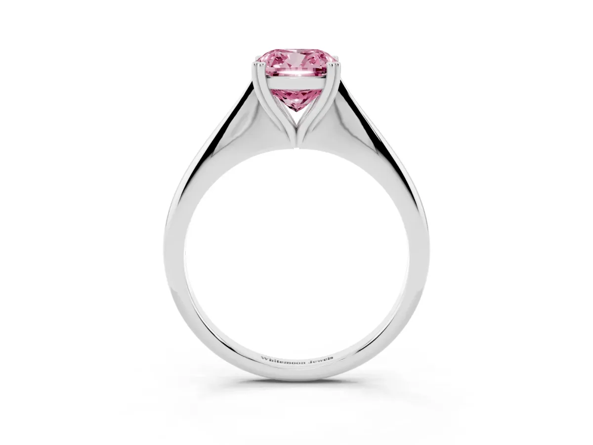 Fancy Pink Cushion Cut Solitaire Diamond Ring with Six-Prong Setting and Classic Band Silver