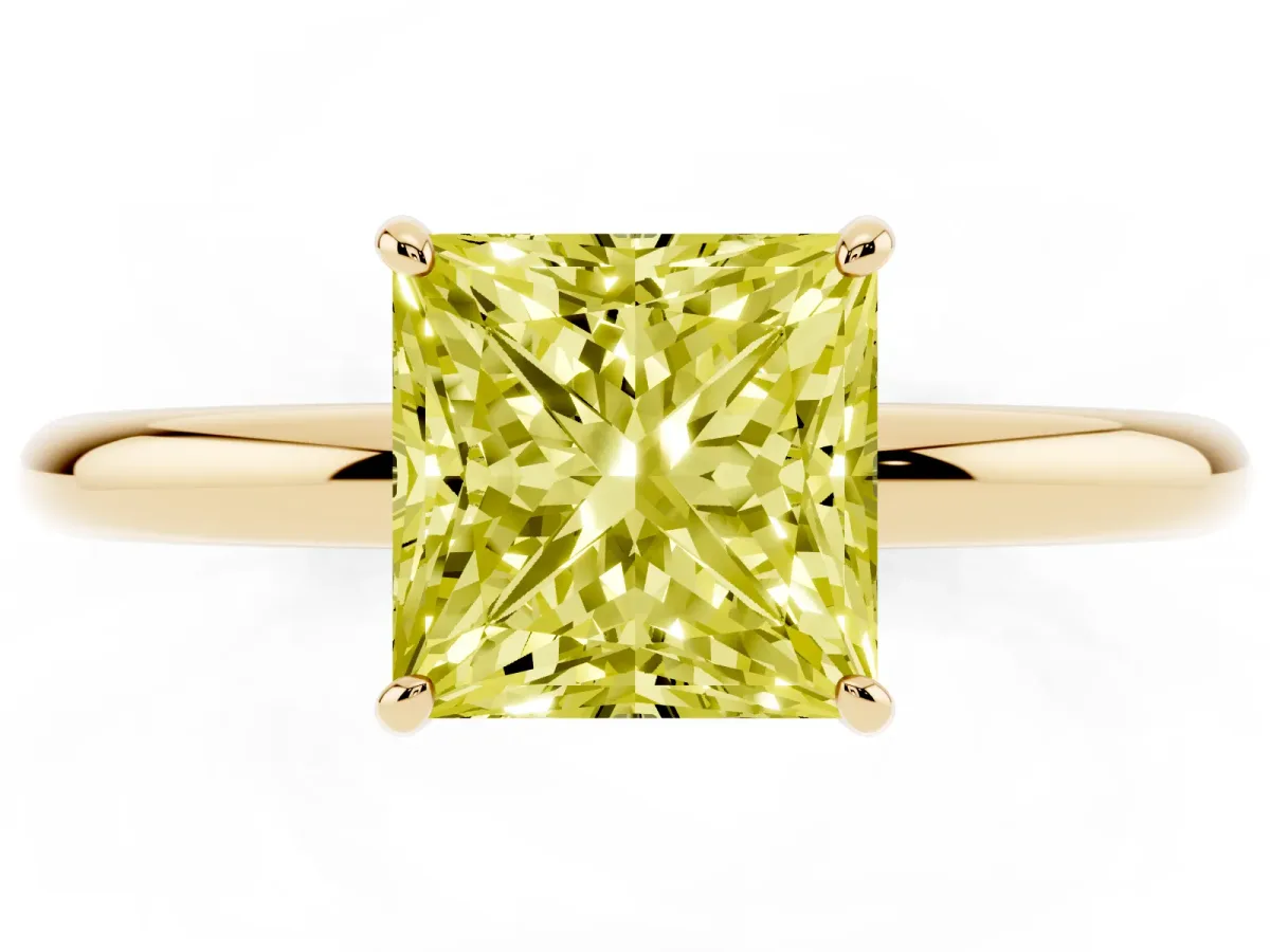 Fancy Yellow Princess Cut Solitaire Diamond Ring with Four-Prong Setting on a Plain Band Yellow gold