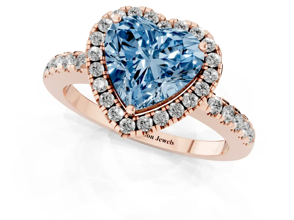 Fancy Blue Heart Cut Halo Diamond Engagement Ring with Pavé Band and Four-Prong Setting Rose gold