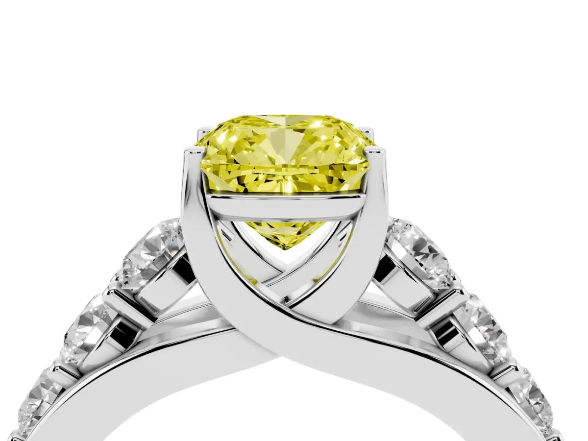 Fancy Yellow Cushion Cut Diamond Engagement Ring with Pavé Band and Four-Prong Setting Platinum