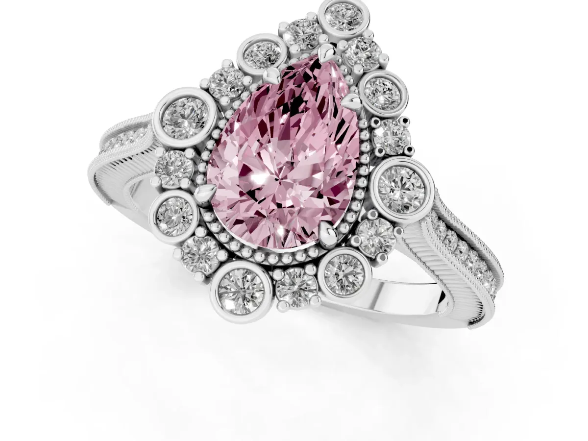 Fancy Pink Pear Cut Halo Milgrain Pave Diamond Ring with Four-Prong Setting Silver