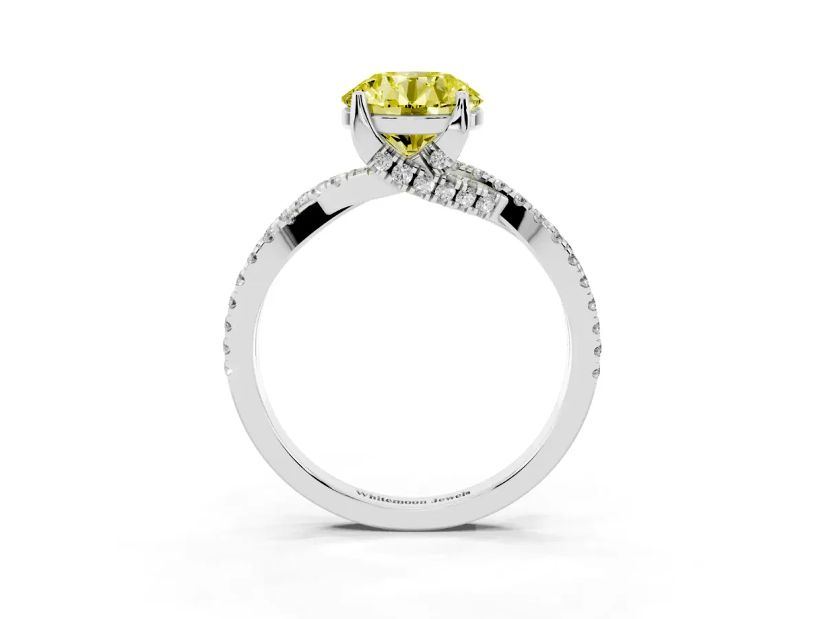 Fancy Yellow Round Cut Solitaire Twist Pave Diamond Engagement Ring with Prong Setting Silver