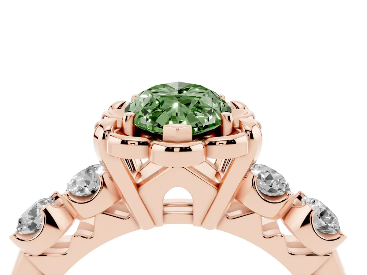 Fancy Green Marquise Cut Cut Diamond Floral Halo Engagement Ring with Shared Prong Setting Rose gold