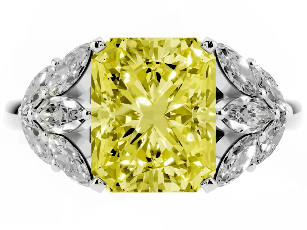 Fancy Yellow Radiant Cut Diamond Cluster Leaf Design Ring with Prong Setting Silver