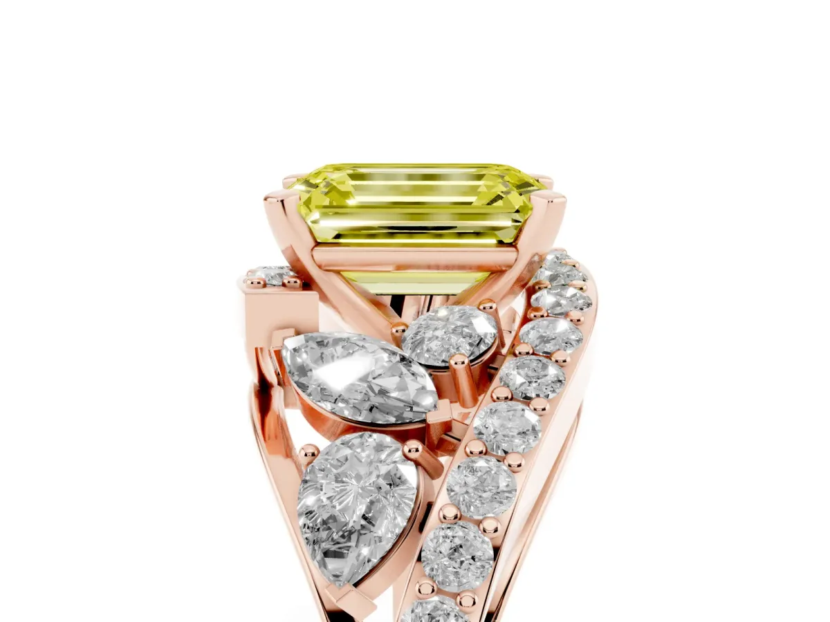 Fancy Yellow Emerald Cut Diamond Halo Ring with Marquise and Pavé Band in Prong Setting Rose gold