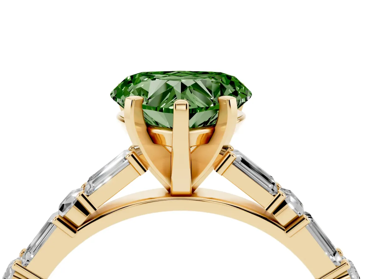 Fancy Green Heart Cut Diamond Solitaire with Side Baguettes and Channel Set Band Yellow gold