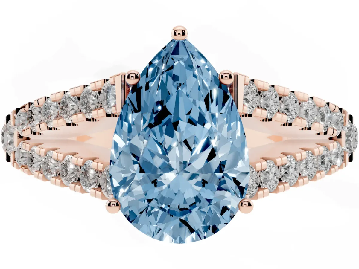 Fancy Blue Pear Cut Diamond Split Shank Pavé Engagement Ring with Four-Prong Setting Rose gold