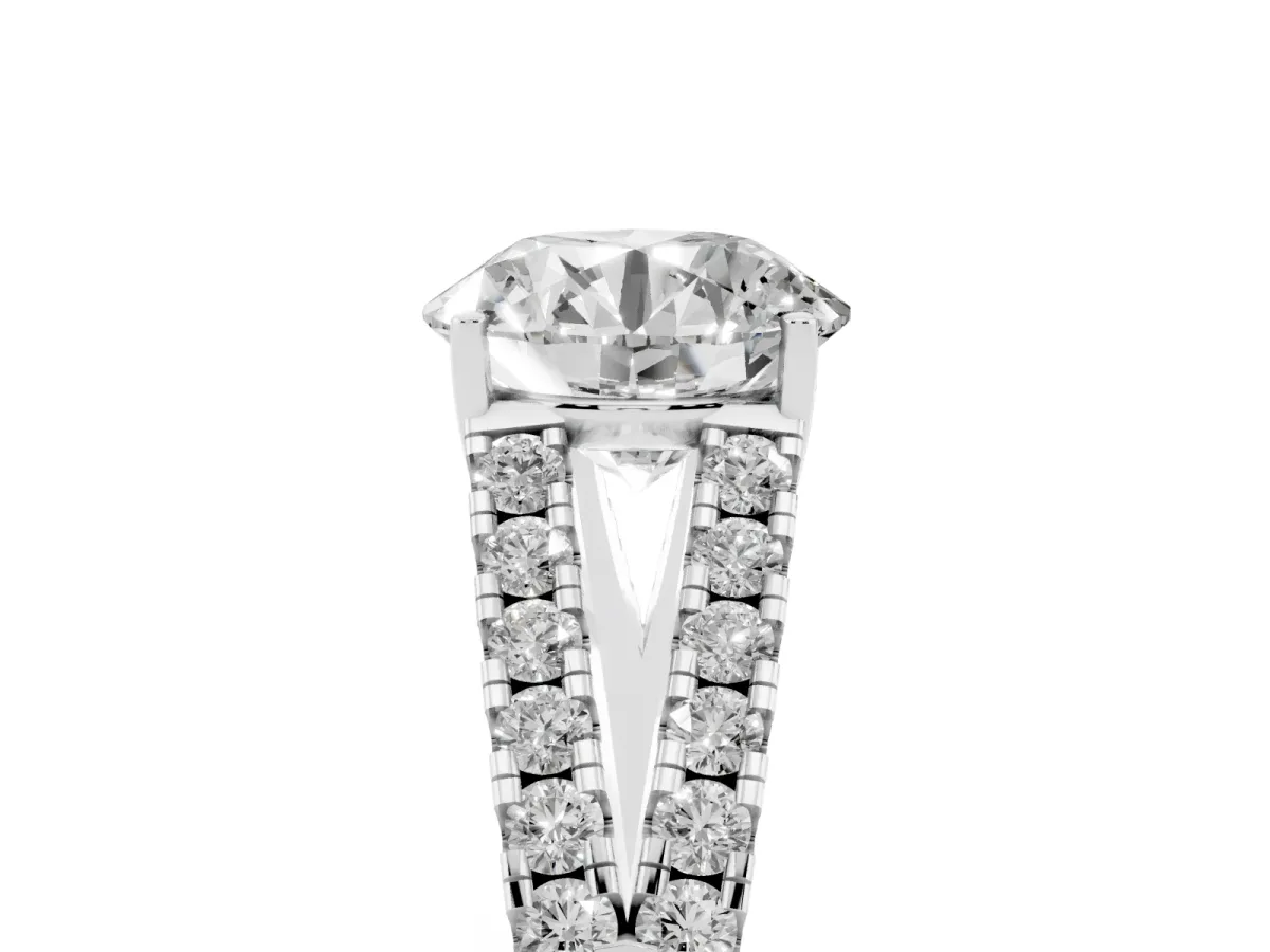 Round Cut Diamond Split Shank Engagement Ring with Round Pavé and Prong Setting Silver