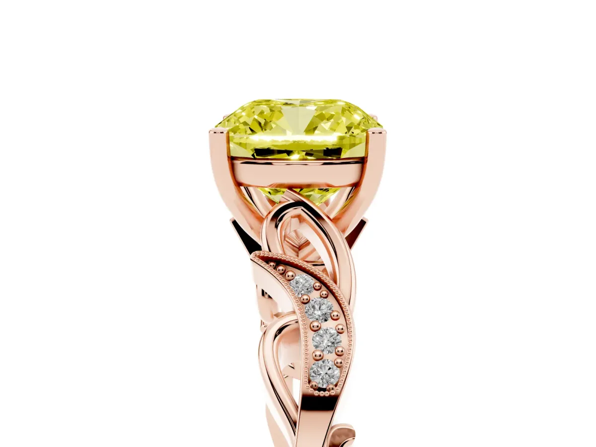 Fancy Yellow Cushion Cut Solitaire Vine Band with Milgrain Prong Setting Rose gold