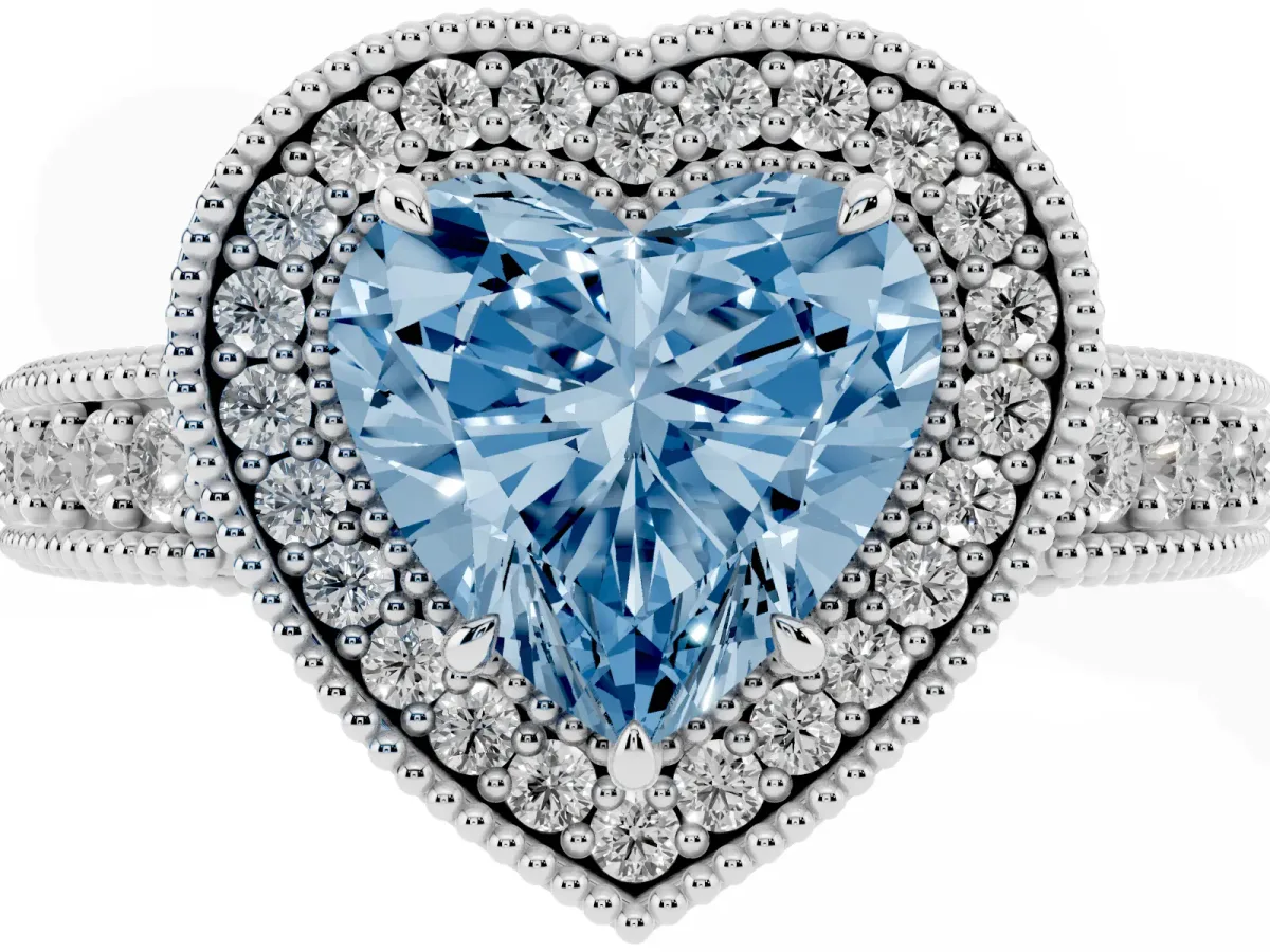 Fancy Blue Heart Cut Cut Halo Diamond Ring with Pavé Band and Four-Prong Setting Silver
