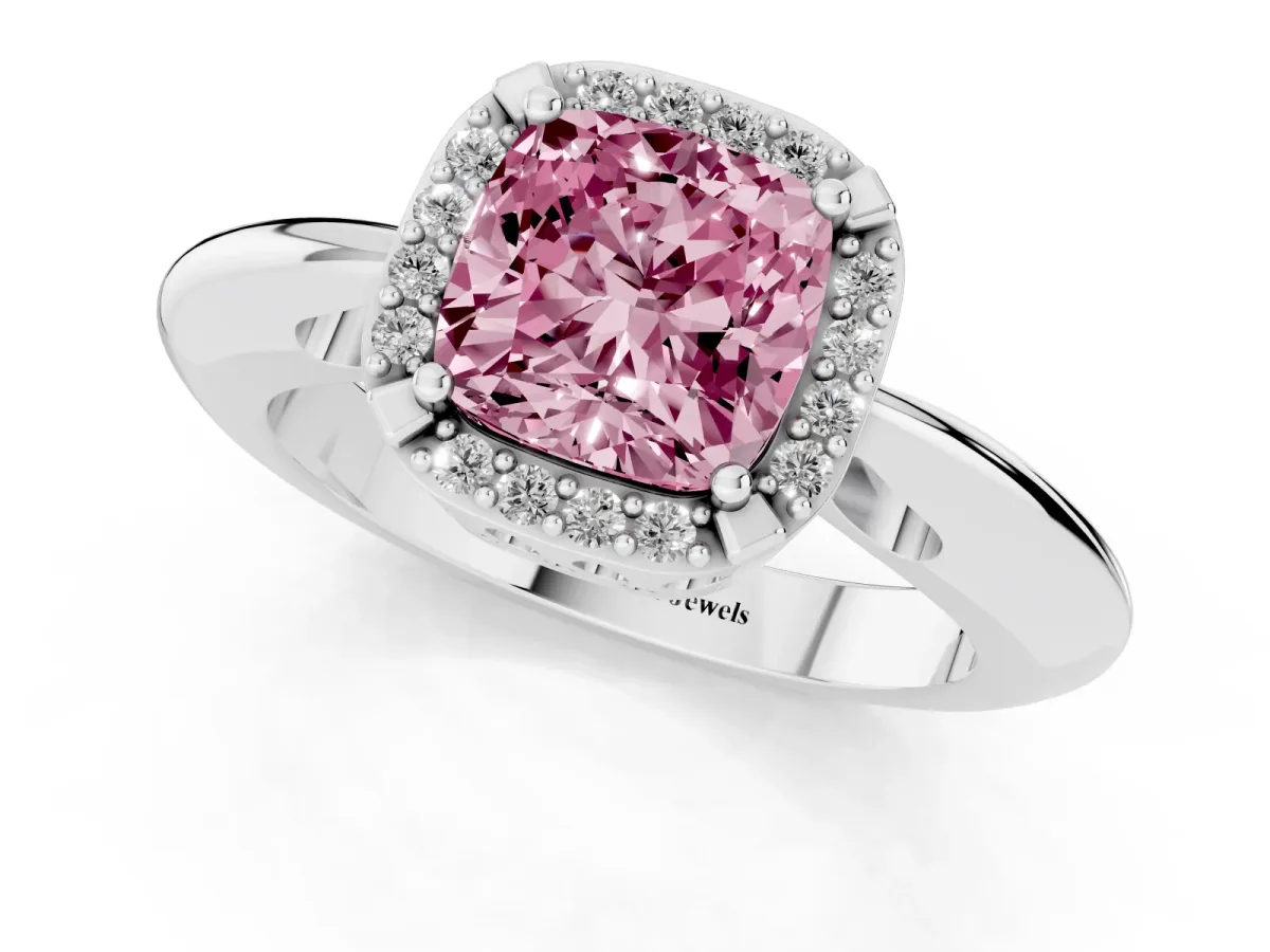 Fancy Pink Cushion Cut Cut Diamond Halo Engagement Ring with Split Shank and Four-Prong Setting Silver