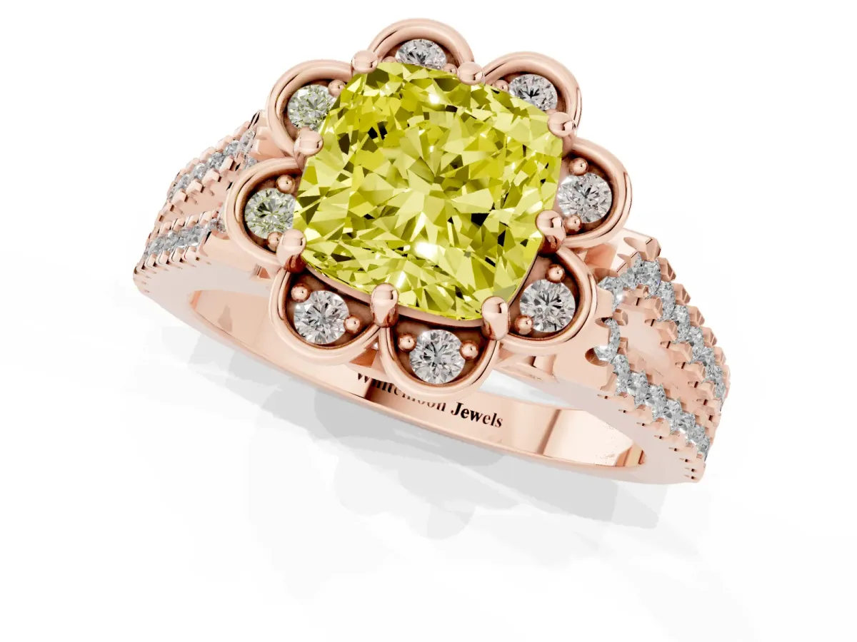 Fancy Yellow Cushion Cut Halo Diamond Floral Split Shank Engagement Ring Rose gold