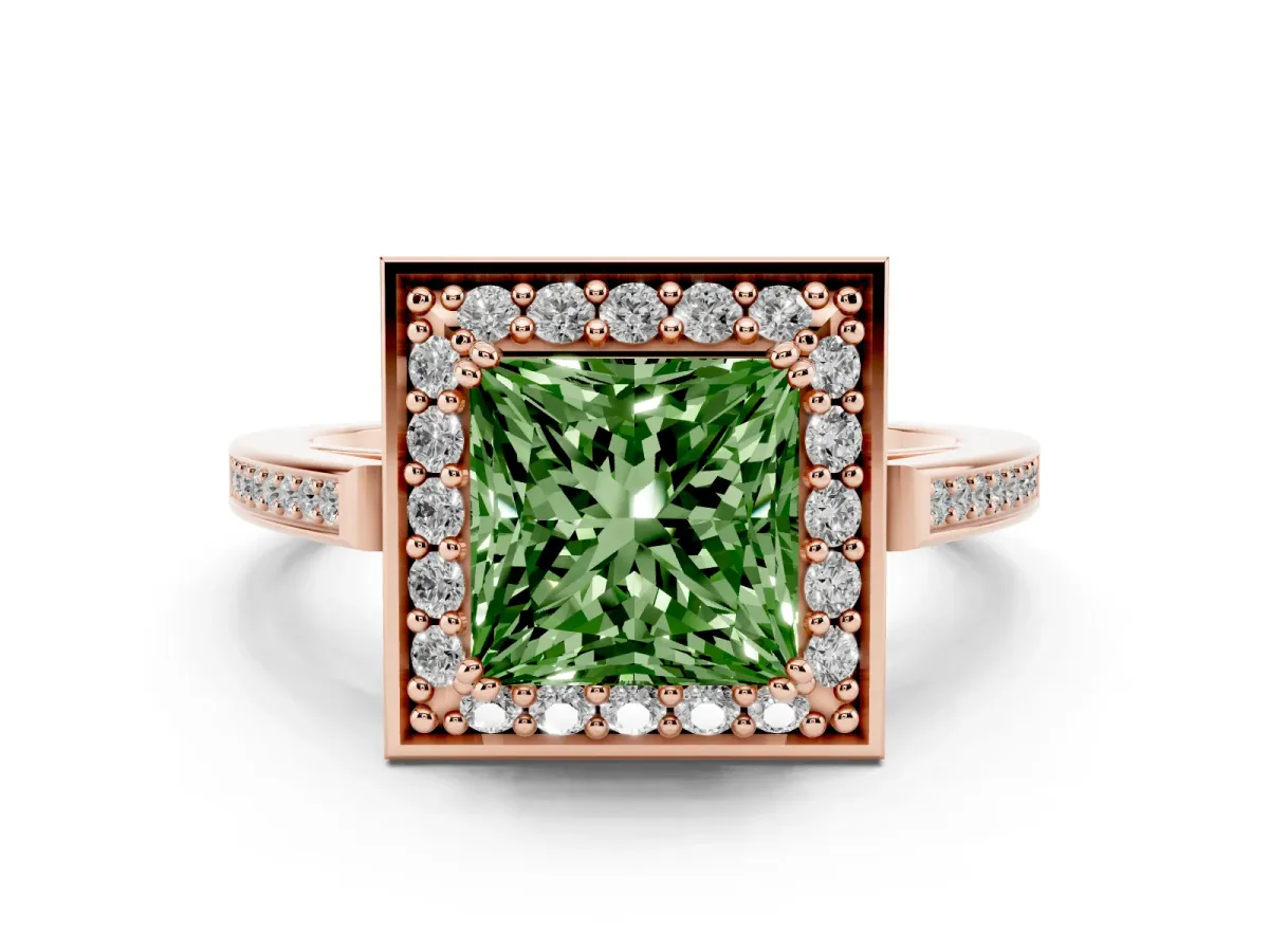Fancy Green Princess Cut Diamond Halo Ring with Split Shank and Four-Prong Setting Rose gold