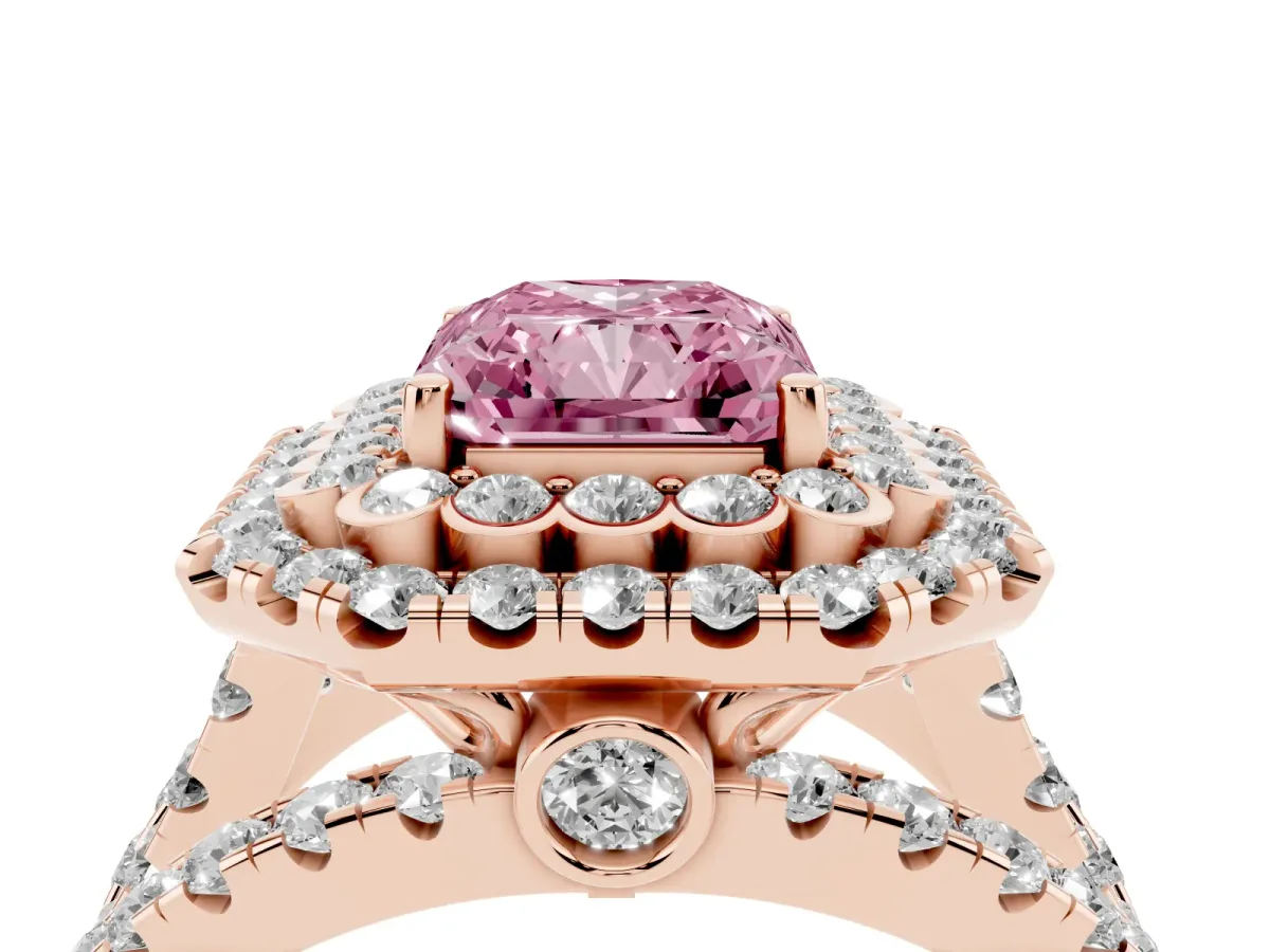 Fancy Pink Radiant Cut Diamond Double Halo Ring with Round Pavé Split Shank and Prong Setting Rose gold