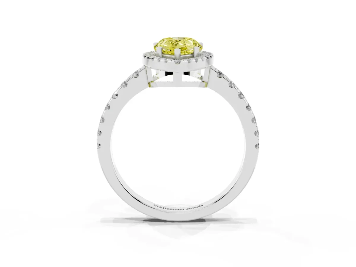 Fancy Yellow Pear Cut Diamond Halo Ring with Pavé Band and Four-Prong Setting White gold