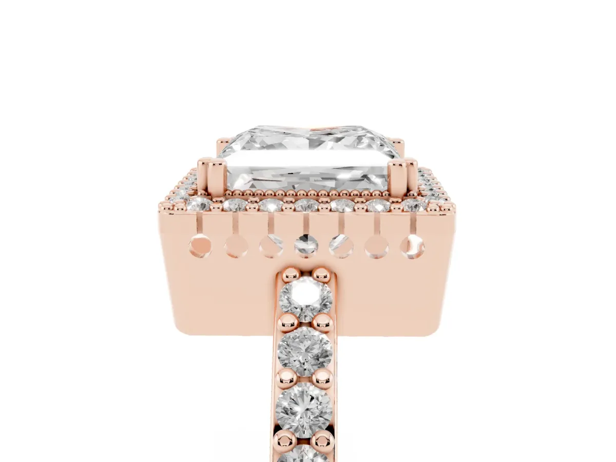 Princess Cut Cut Diamond Halo Engagement Ring with Milgrain Detail and Pavé Band Rose gold