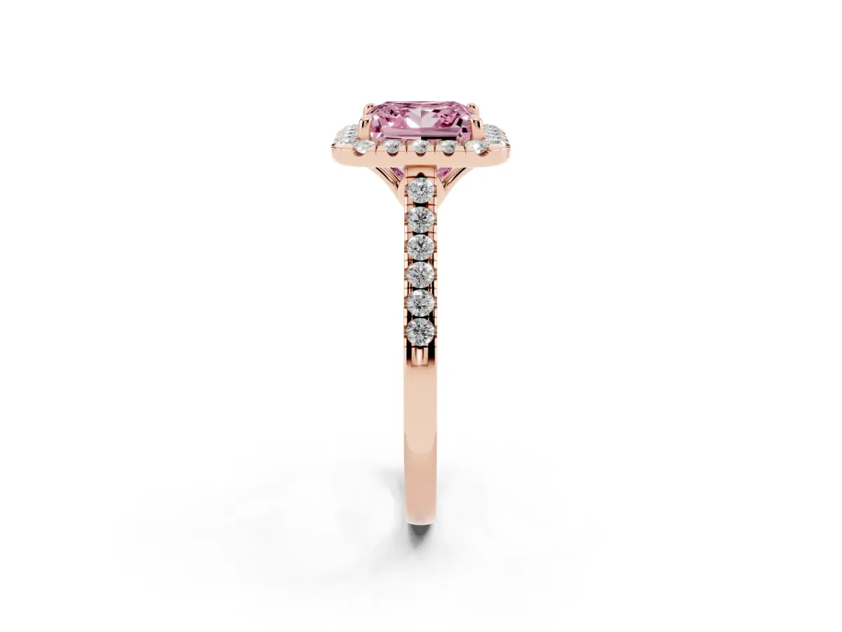 Fancy Pink Princess Cut Halo Pavé Diamond Engagement Ring with Four-Prong Setting Rose gold