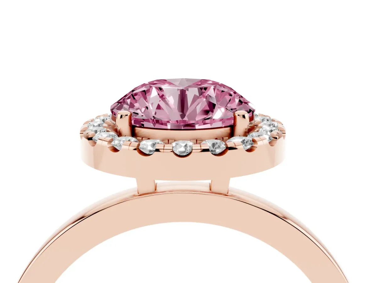 Fancy Pink Round Cut Halo Diamond Solitaire with Pavé Band and Four-Prong Setting Rose gold