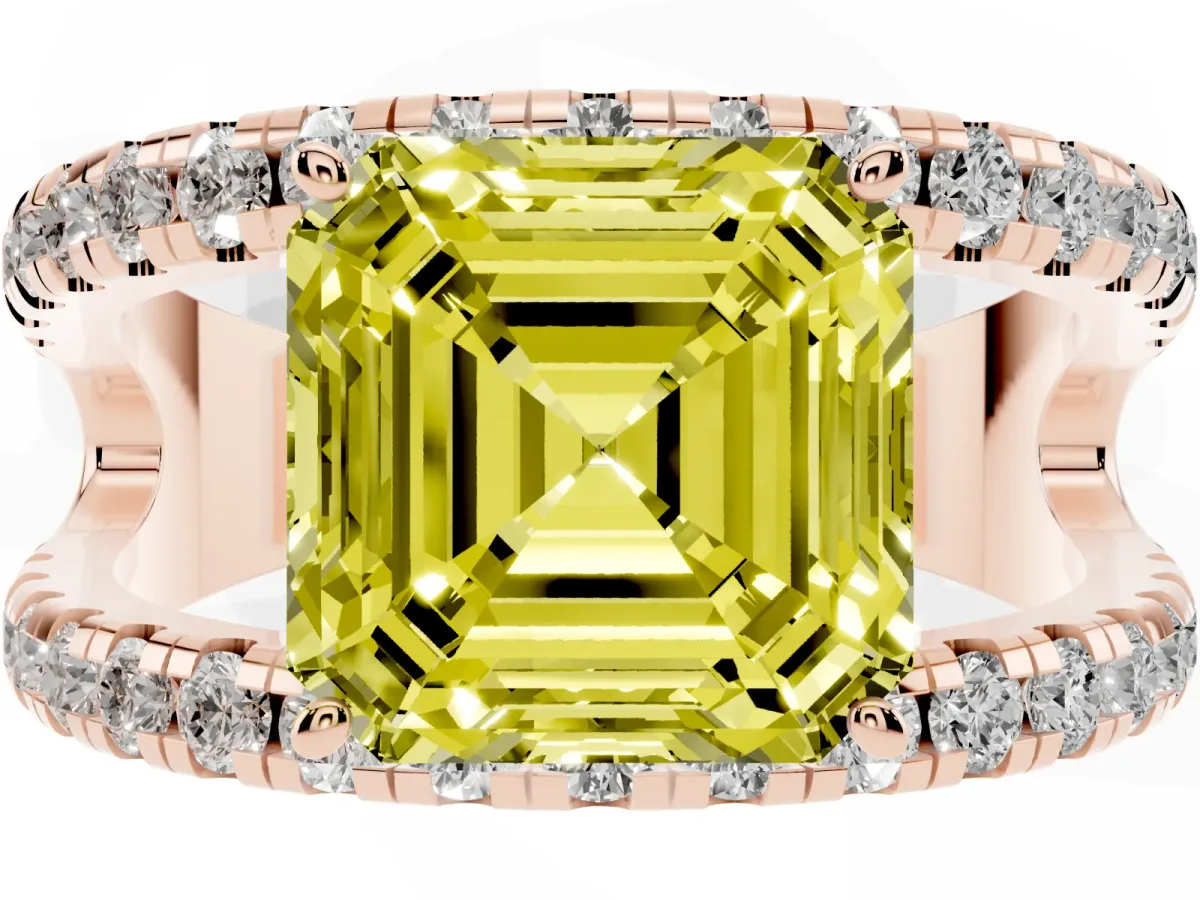 Fancy Yellow Asscher Cut Solitaire Split Shank Pave Diamond Ring Rose gold