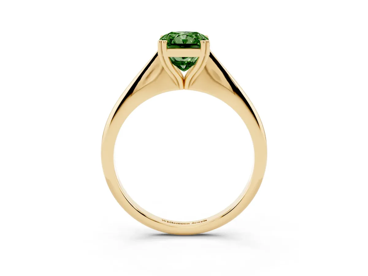 Fancy Green Radiant Cut Solitaire Diamond Ring with Six-Prong Setting and Classic Band Yellow gold