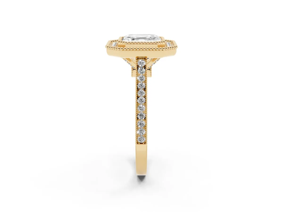 Asscher Cut Diamond Halo Ring with Milgrain Frame and Pavé Band Yellow gold