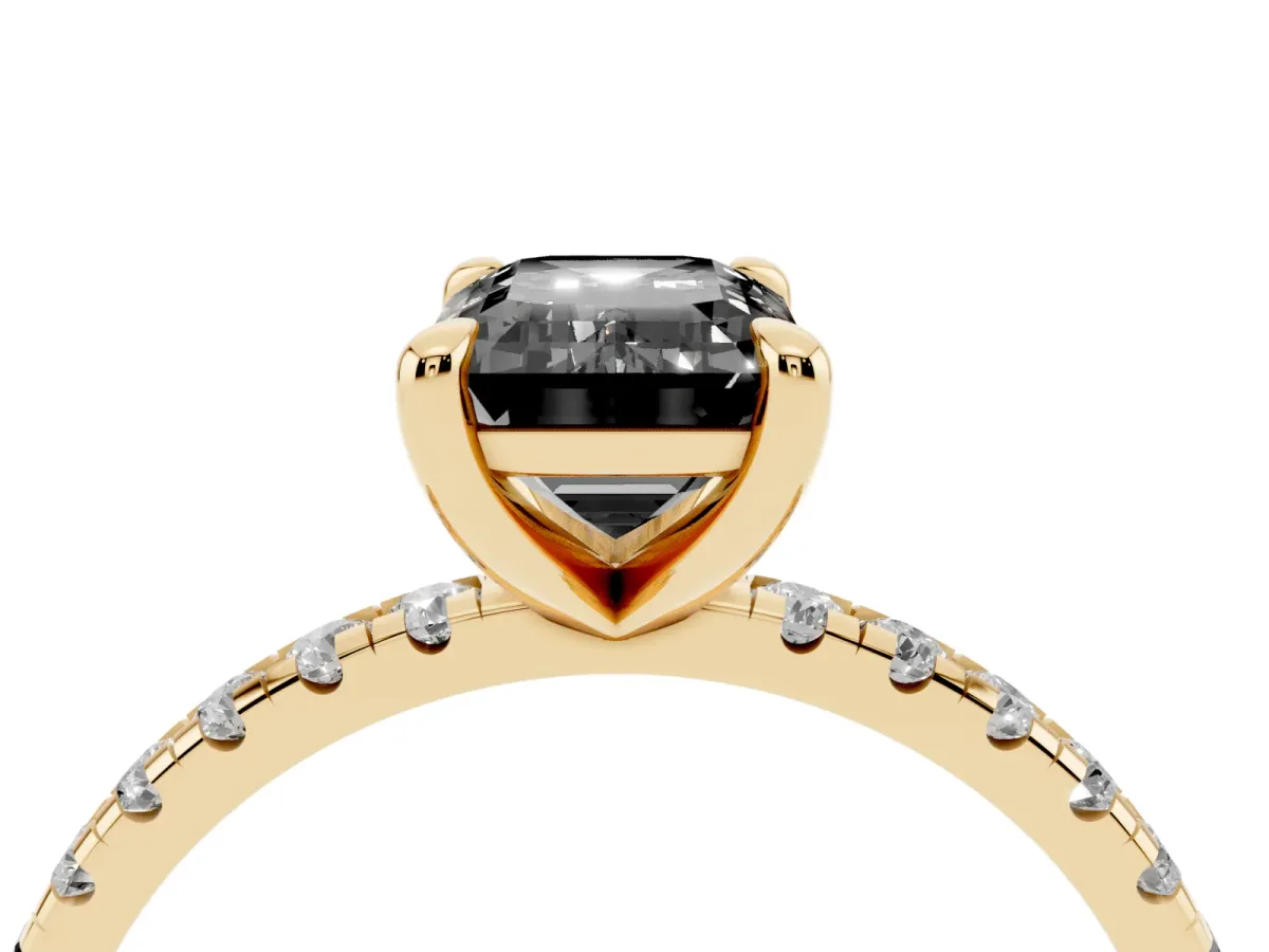 Fancy Black Emerald Cut Diamond Brilliant Solitaire Ring with Pavé Band and Four-Prong Setting Yellow gold
