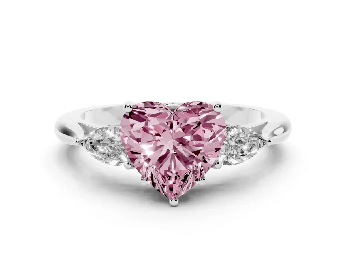 Fancy Pink Three-Stone Heart Cut Diamond Ring with Pear Side Stones in Four-Prong Setting Silver