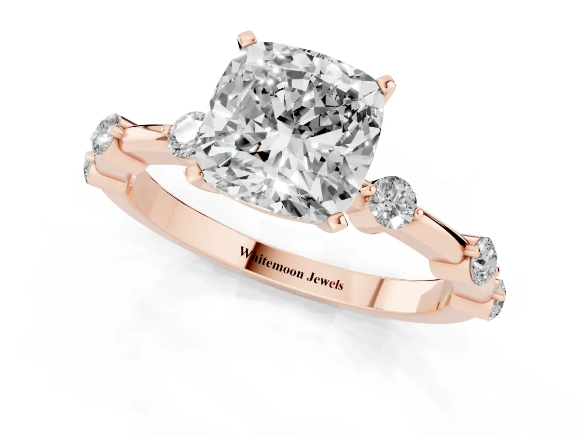 Cushion Cut Solitaire Diamond Ring with Bezel Set Side Stones and Prong Setting Rose gold