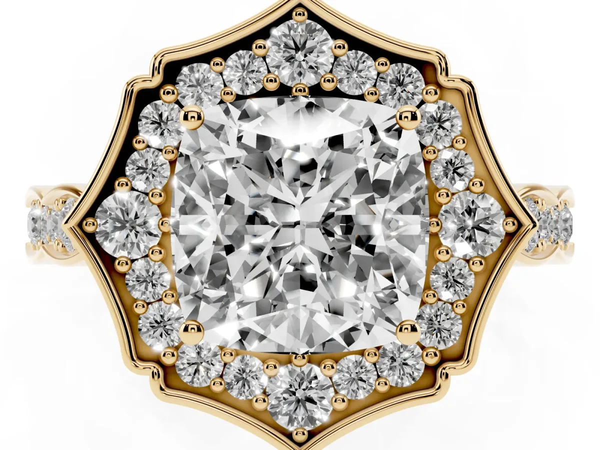 Cushion Cut Halo Diamond Engagement Ring with Milgrain Band and Four-Prong Setting Yellow gold