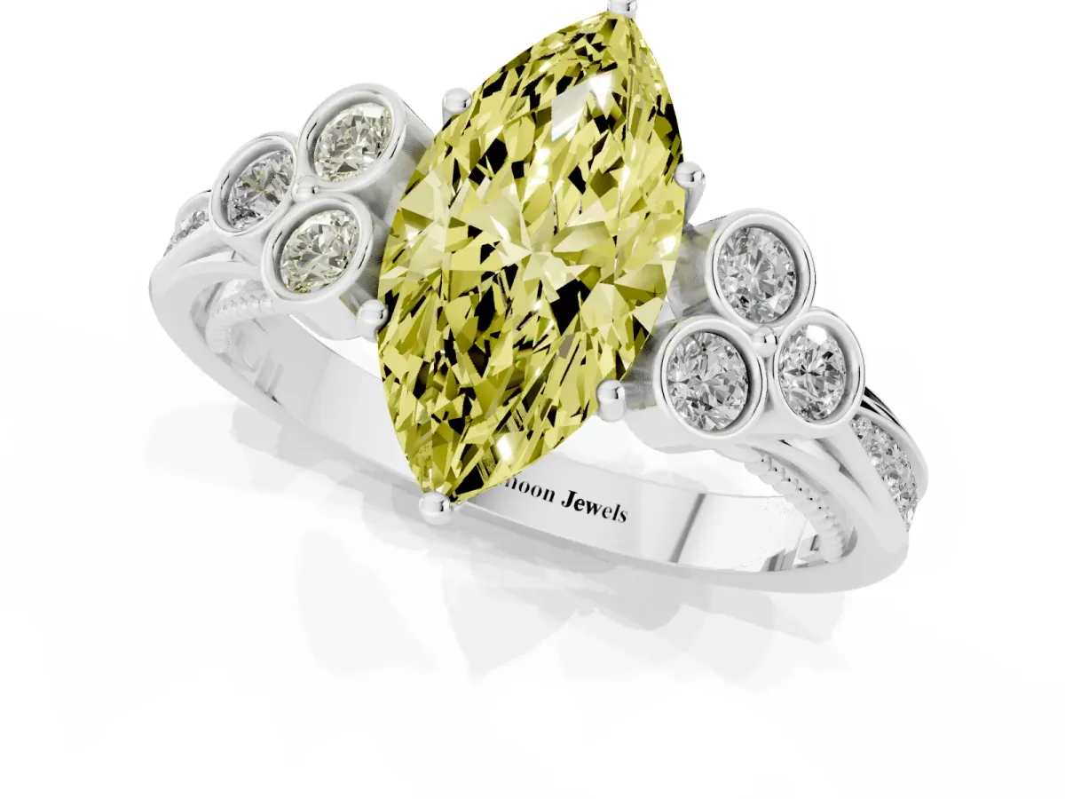 Fancy Yellow Marquise Cut Cut Diamond Engagement Ring with Bezel Set Round Side Stones and Prong Setting Silver