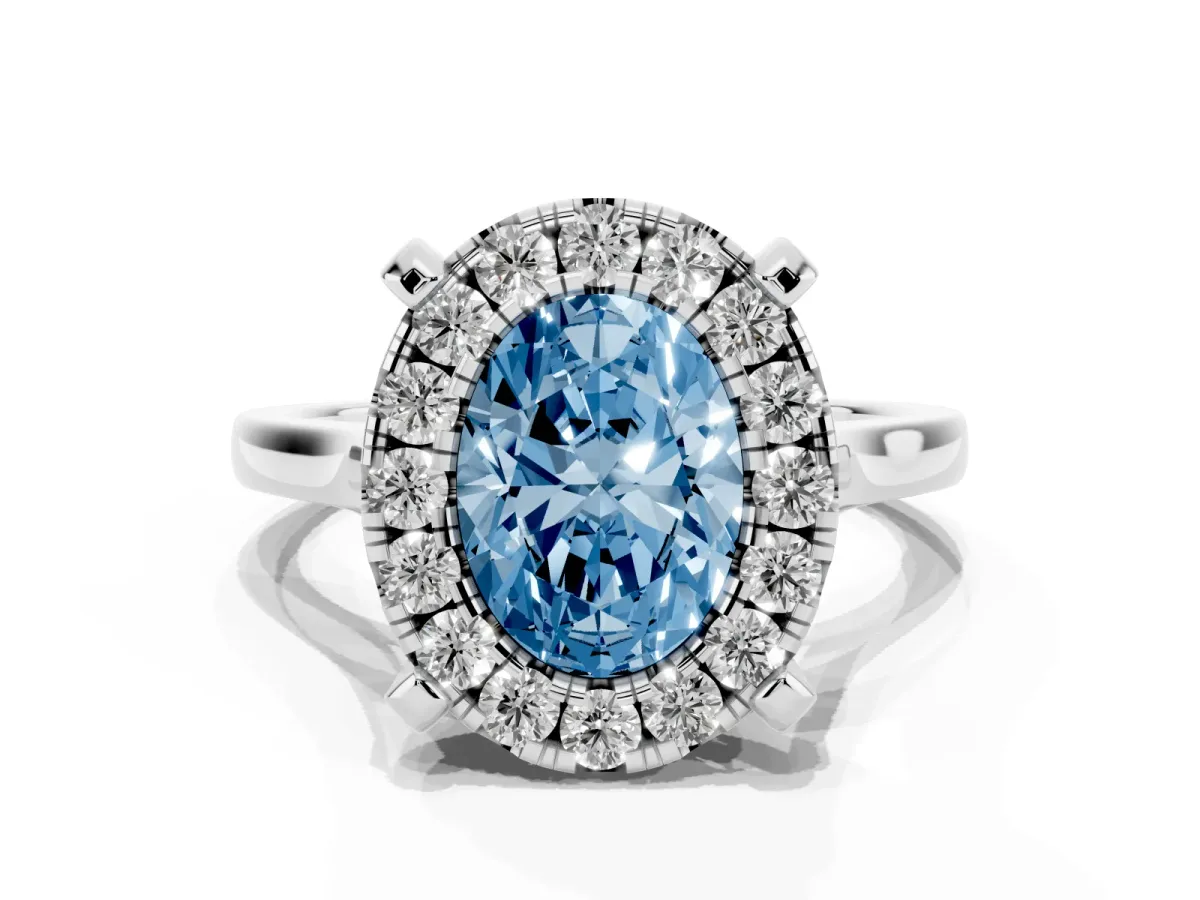 Fancy Blue Oval Cut Diamond Cluster Halo Solitaire with Four-Prong Setting Silver