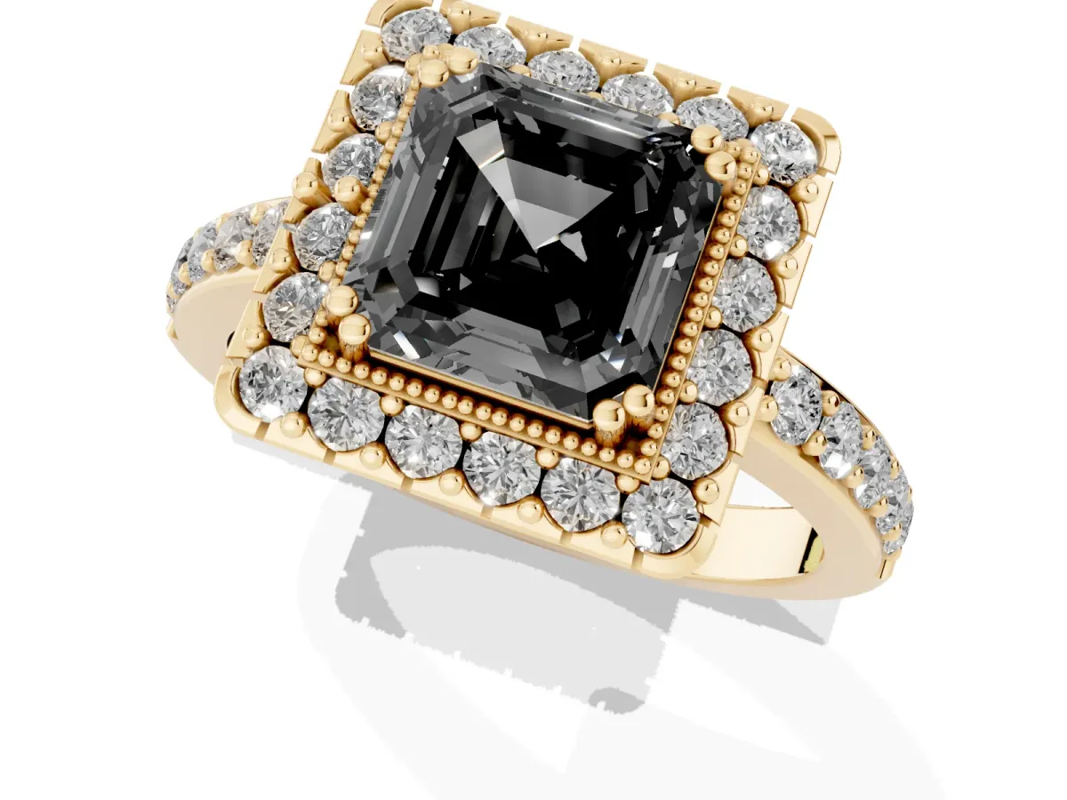 Fancy Black Asscher Cut Diamond Halo Ring with Pavé Band and Prong Setting Yellow gold
